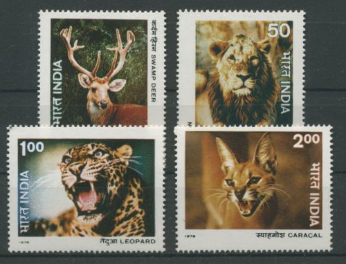 Indien 1976 Tiere Tierschutz Hirsch Löwe Leopard Karakal 691/94 postfrisch