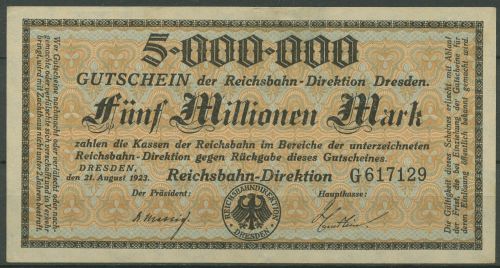 Deutsche Reichsbahn Dresden 5 Mio Mark 1923 Serie G, leicht gebraucht (K1669)