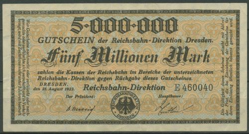Deutsche Reichsbahn Dresden 5 Mio Mark 1923, gebraucht (K1670)