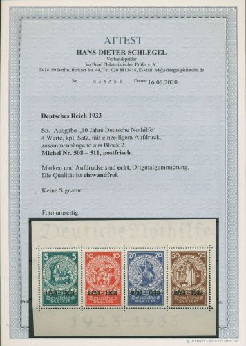 Dt. Reich 1933 Herzstück aus Nothilfe Block 508/11 postfrisch geprüft Fotoattest