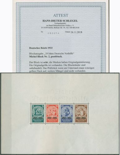 Deutsches Reich 1933 Nothilfe Block 2 postfrisch geprüft mit Fotoattest