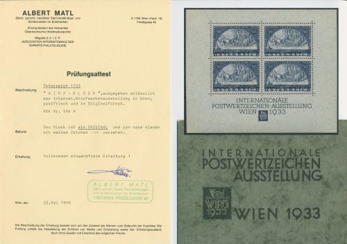 Österreich 1933 WIPA Wien Block 1 postfrisch geprüft mit Fotoattest einwandfrei