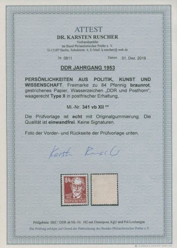DDR 1952/53 Bebel (Köpfe II) 341 b X II postfrisch geprüft mit Fotoattest