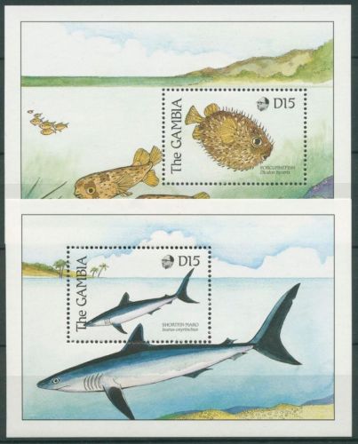 Gambia 1989 Fische Kugelfisch Hai Mako Block 76/77 postfrisch (C23787)