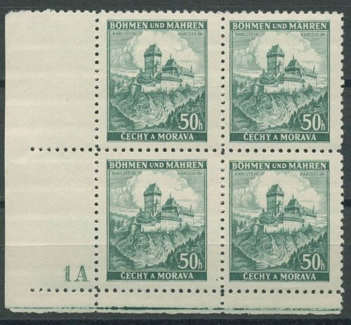 Böhmen & Mähren 1939 Eckrand-4er-Block 50er-Bogen 26 Pl.-Nr. 1A postfrisch
