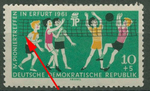 DDR 1961 Pioniertreffen Erfurt mit Plattenfehler 827 F 21 postfrisch