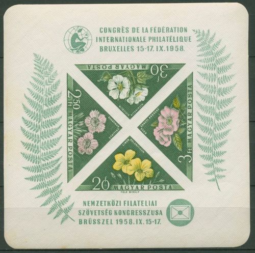 Ungarn 1958 FIP-Kongreß Brüssel Blumen Block 28 B postfrisch (C92370)