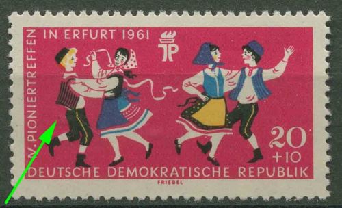 DDR 1961 Pioniertreffen Erfurt mit Plattenfehler 828 F 10 postfrisch