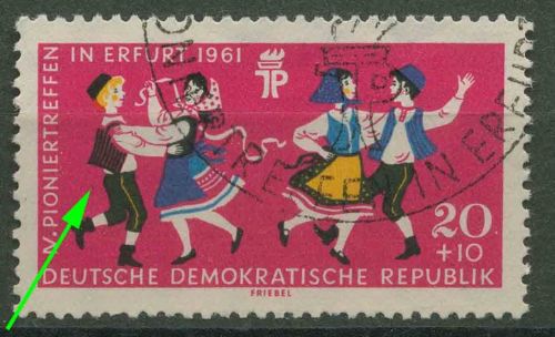 DDR 1961 Pioniertreffen Erfurt mit Plattenfehler 828 F 10 gestempelt