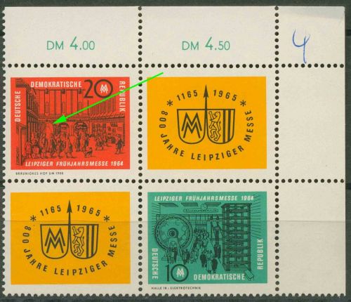 DDR 1964 Leipziger Messe mit Plattenfehler 1013 F 5 in 1012/13 ZD postfrisch