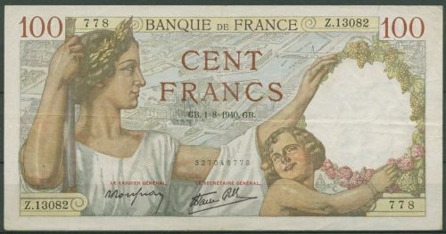 Frankreich 100 Francs 1940. Sully, KM 94 gebraucht (K1709)