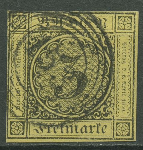 Baden 1851 3 Kreuzer auf gelb 2 b mit Nr.-Stpl. 153 WALDSHUT