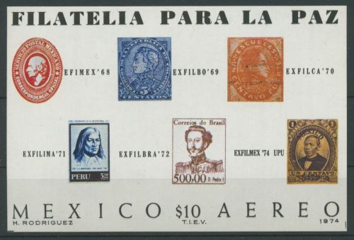 Mexiko 1974 Briefmarkenausstellung Alte Marken Block 21 postfrisch (C22473)