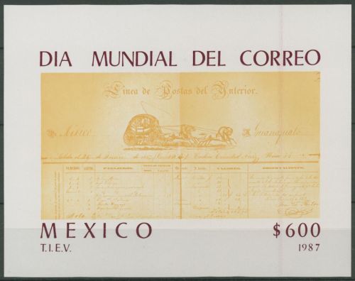 Mexiko 1987 Weltposttag Postkutsche Fahrplan Block 34 postfrisch (C12487)