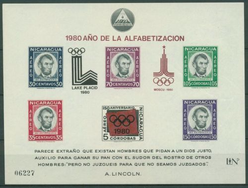 Nicaragua 1980 Alphabetisierung A.Lincoln Olympia Block 126 postfrisch (C63432)