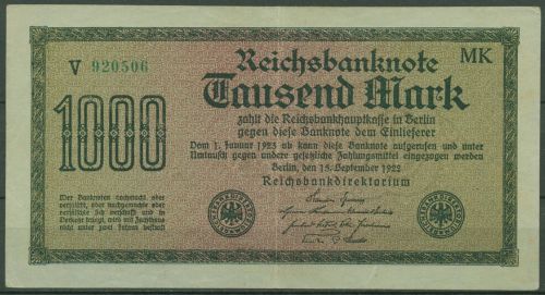 Dt. Reich 1000 Mark 1922, DEU-86b, FZ MK, gebraucht (K1724)
