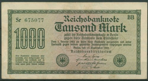 Dt. Reich 1000 Mark 1922, DEU-84l, FZ BB, Serie Sr, gebraucht (K1742)