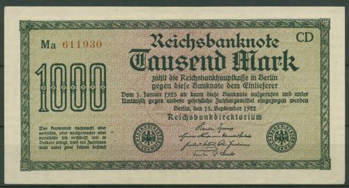 Dt. Reich 1000 Mark 1922, DEU-84f, FZ CD, Serie Ma, fast kassenfrisch (K1756)