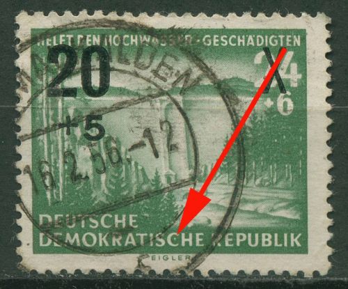 DDR 1955 Hochwassergeschädigte mit Plattenfehler 449 III gestempelt