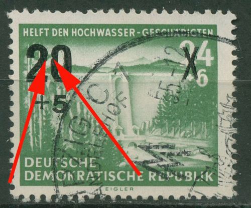 DDR 1955 Hochwasserhilfe mit Plattenfehler 449 F 15 gestempelt