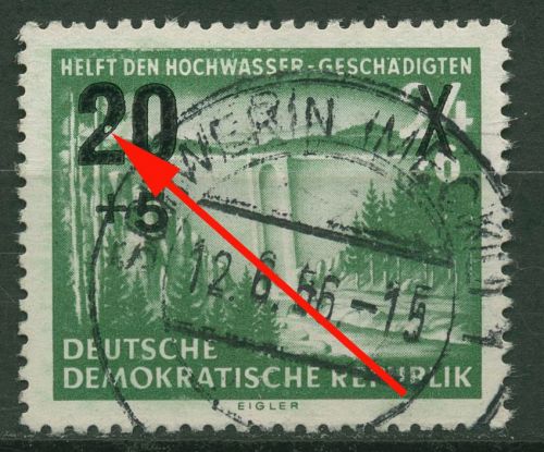 DDR 1955 Hochwasserhilfe mit Plattenfehler 449 F 20 a gestempelt