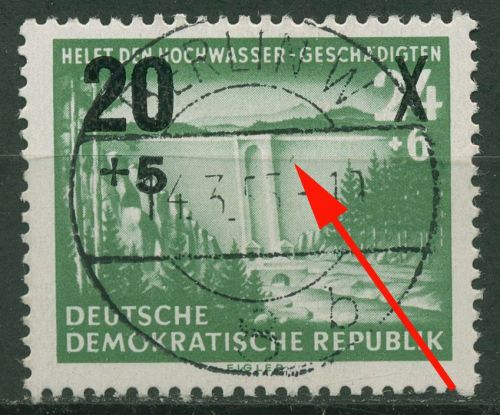 DDR 1955 Hochwasserhilfe mit Plattenfehler 449 F 46 gestempelt