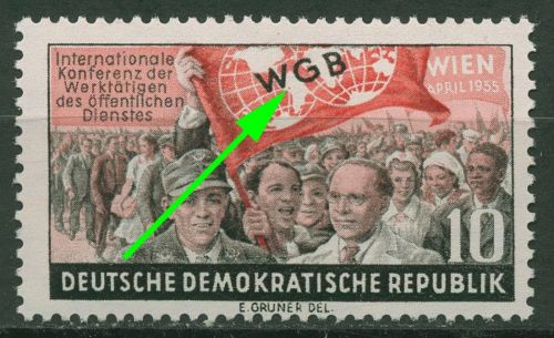 DDR 1955 Weltgewerkschaftsbund WGB mit Plattenfehler 452 F 47 postfrisch