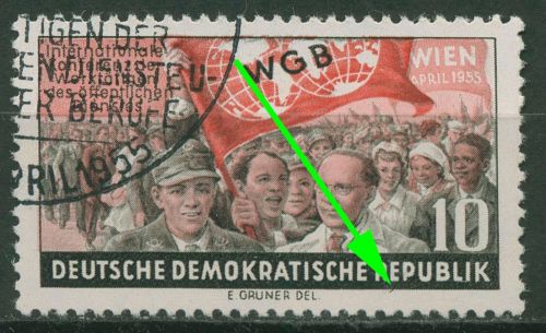 DDR 1955 Weltgewerkschaftsbund WGB mit Plattenfehler 452 F 18 mit Sonderstempel