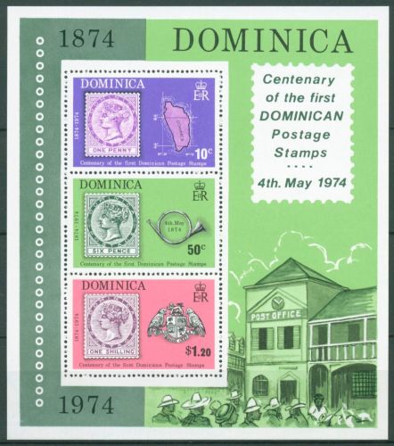 Dominica 1974 100 Jahre Briefmarken Block 24 postfrisch (C63534)