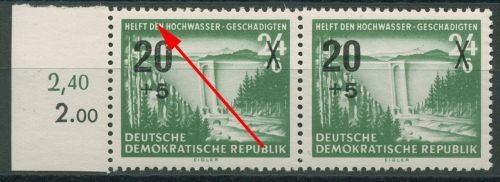 DDR 1955 Hochwasserhilfe mit Plattenfehler 449 V im Paar postfrisch