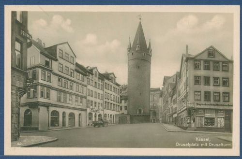 Kassel Druselplatz Drukerei Schröder, ungebraucht, Klebespuren (AK4727)