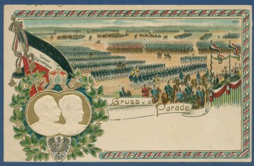 Gruß von der Parade Das Kaiserpaar Prägedruck, gelaufen 1907 (AK4698)