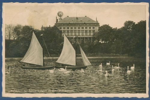 Zwickau Schwanenteich mit Schwanenschloß, gelaufen 1935 (AK4636)