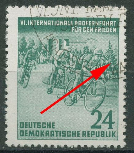 DDR 1953 Radfernfahrt f. d. Frieden mit Plattenfehler 355 F 11 mit Sonderstempel
