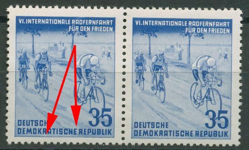 DDR 1953 Radfernfahrt f. d. Frieden mit Plattenfehler 356 F 49 Paar postfrisch