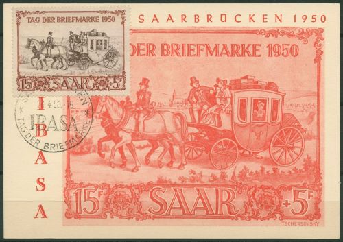 Saarland 1950 Tag der Briefmarke IBASA auf Maximumkarte 291 MK