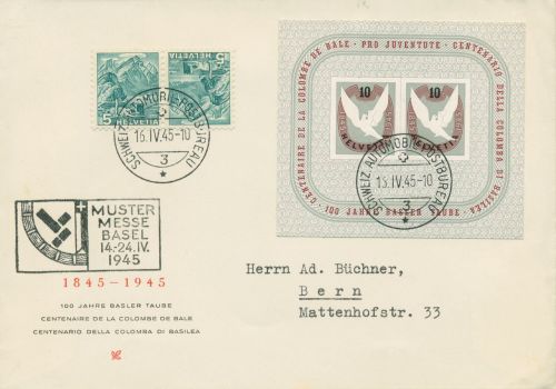 Schweiz 1945 100 Jahre Basler Taube Block 12 auf Brief (X81149)
