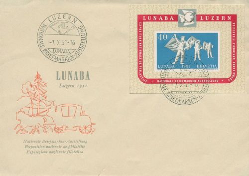 Schweiz 1951 LUNABA Briefmarken-Ausstellung Block 14 auf Brief (X81151)
