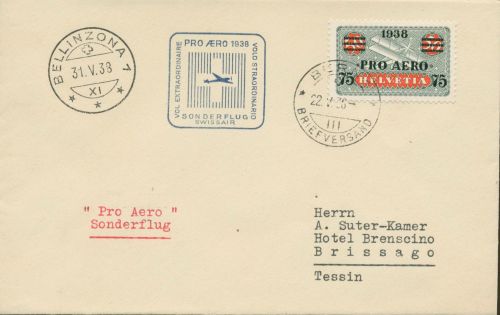 Schweiz 1938 Sonderflug Pro Aero auf Ersttagsbrief 325 FDC (X81152)