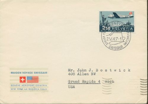 Schweiz 1947 Erstflug der Swissair auf Ersttagsbrief 479 FDC (X81154)