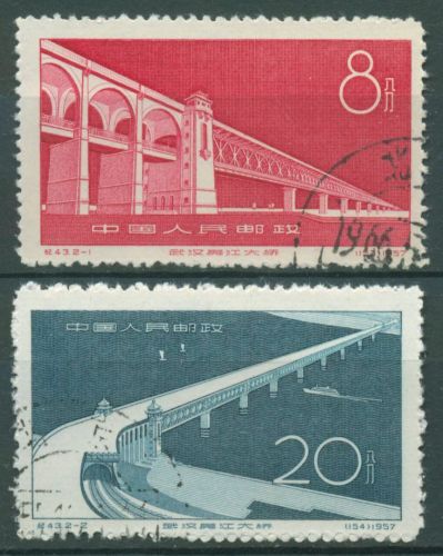 China 1957 Bau der Yangtse-Brücke in Wuhan 347/48 gestempelt