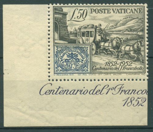 Vatikan 1952 100 Jahre Briefmarken Postwagen 188 C, Blockeinzelmarke postfrisch