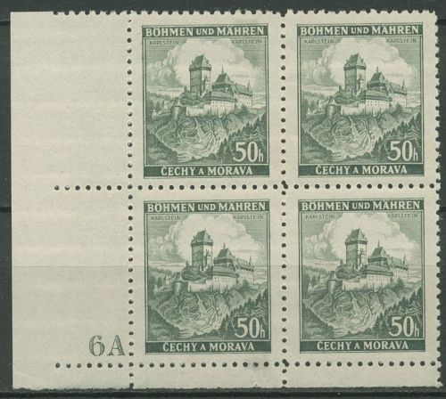 Böhmen & Mähren 1939 Eckrand-4er-Block 50er-Bogen 26 Pl.-Nr. 6A postfrisch