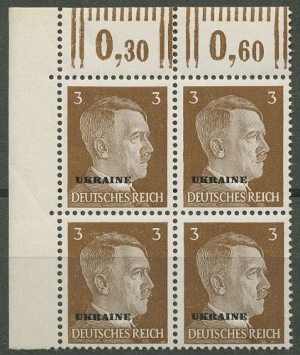 Ukraine 1941 Freimarke Hitler mit Aufdruck 4er-Block 2 Ecke 1 postfrisch