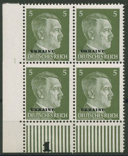 Ukraine 1941 Hitler mit Aufdruck 4er-Block 4 Ecke 3 Platten-Nr. 1 postfrisch