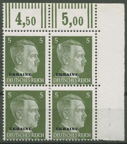 Ukraine 1941 Freimarke Hitler mit Aufdruck 4er-Block 4 Ecke 2 postfrisch