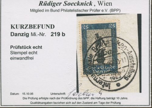 Danzig 1929 Int. Philatelistische Ausstellung 219 b SST geprüft mit Befund