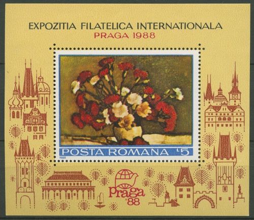 Rumänien 1988 PRAGA´88 Gemälde Nelken St. Luchian Block 246 postfrisch (C92238)