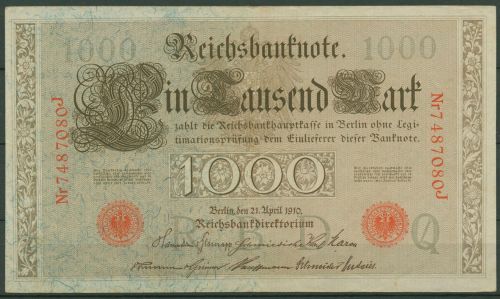 Dt. Reich 1000 Mark 1910, DEU-40c Serie Q/J, leicht gebraucht (K1540)