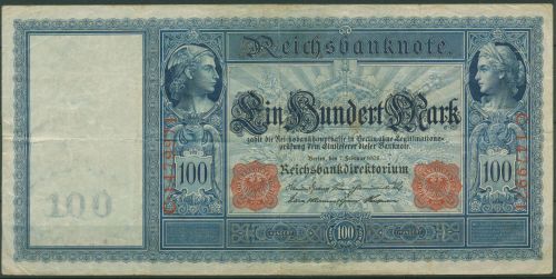 Dt. Reich 100 Mark 1908, DEU-32, gebraucht (K1534)